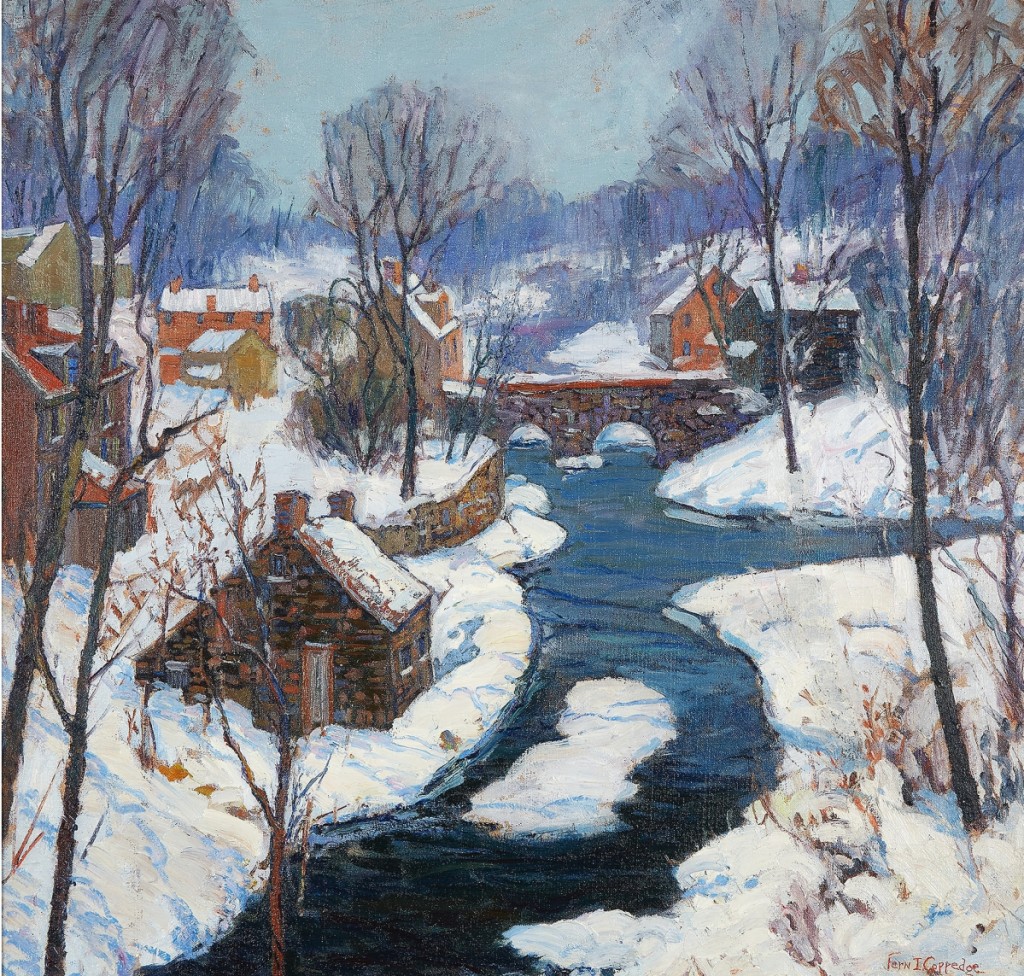Fern Coppedge’s “December Afternoon (Carversville)” sold for $226,800. She painted it from the vantage of Carversville Island, which stands at the confluence of the Cuttalossa Creek and the Paunacussing Creek. Both Garber and Redfield painted from the same vantage. This oil on canvas, at 30 by 30 inches, was exhibited at the National Association of Women Painters and Sculptors in New York and illustrated in literature three times.                           —Peltz collection.