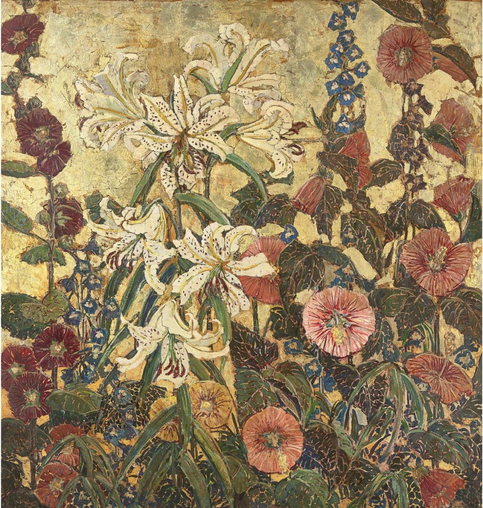 Emblematic of Mary Elizabeth Price’s goldleaf floral works, “Mallow and Lily” sold for $107,100. Her Renaissance-style floral work pulses with energy, contrasting a muted palette against the bright light of the gold ground. An inscription verso indicates she had exhibited it at the National Academy of Design in New York.