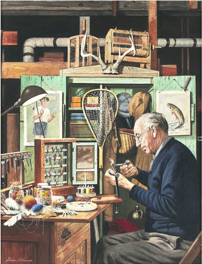 An auction record was set for American illustrator Stevan Dohanos with “Tying Flies,” an original illustration for the March 4, 1950 cover of the Saturday Evening Post. Chatroux said it brought to mind the style of Norman Rockwell and his shopkeep scenes, here seen in a fly fisherman tinkering at his workbench. The work sold for $252,000.