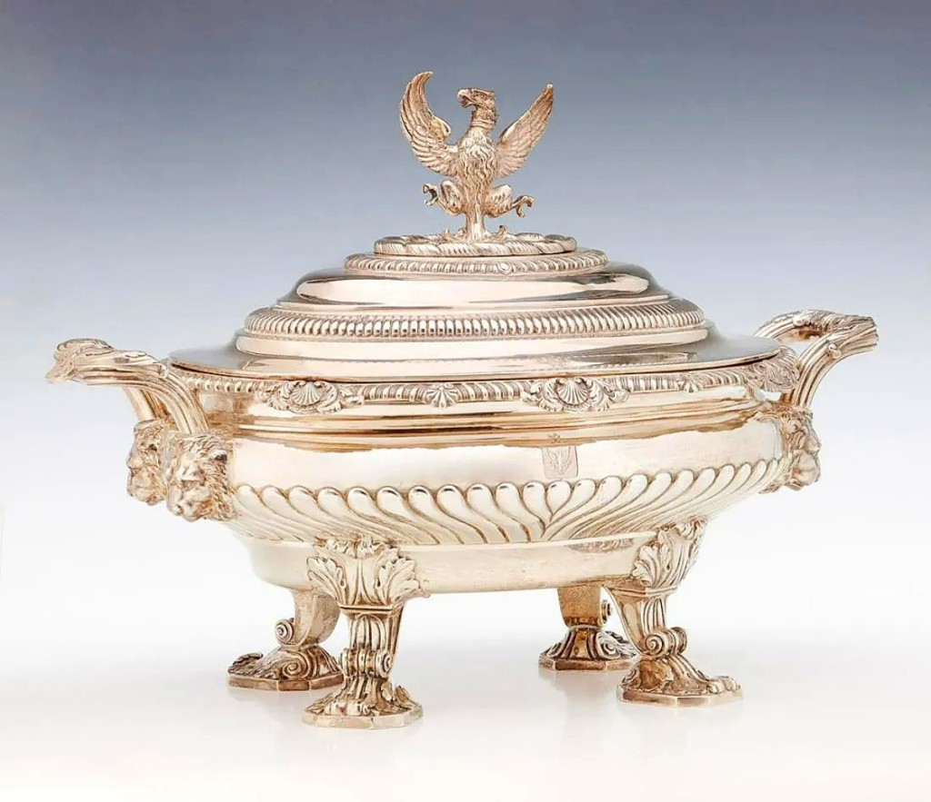 Leading the Sosland estate was a Paul Storr silver tureen that went out at $15,340. The eagle at the top is seen again in the engraving to the body, which may indicate its symbolism of a family crest.