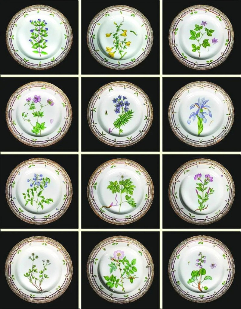The Soslands had two sets of Royal Copenhagen Flora Danica plates, both numbering to a set of 12. This set with botanical specimens sold for $12,300.