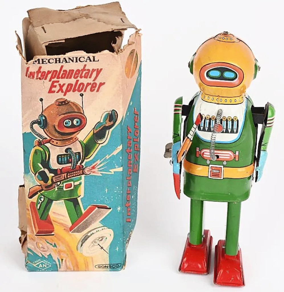 Auctioneer Miles King said the Interplanetary Explorer was likely the rarest robot in the sale. The robot was produced by Naito Shoten, which used its pressing mold to create other models. With a torn box, the robot went out at $7,020.