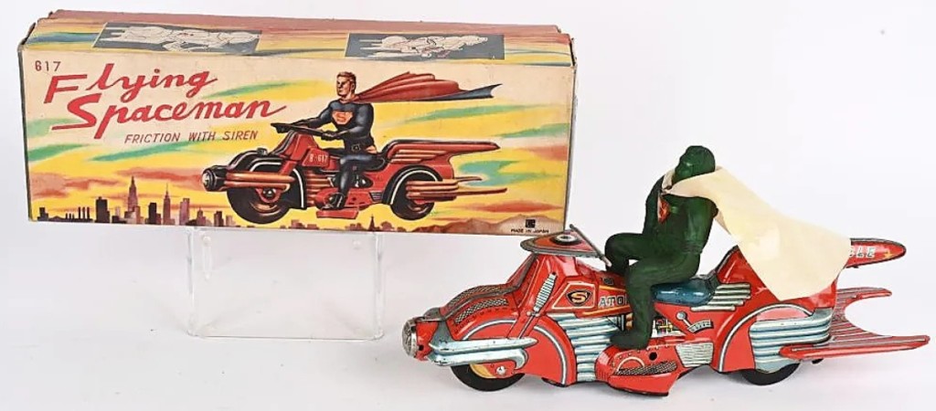 The sale’s top lot was the Flying Spaceman by Bandai at $22,230. The toy came with its original box, figure and cape. As may be gleaned by the box, the Spaceman was meant to impersonate Superman and both had the S emblem to their chest.