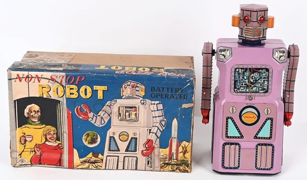 From Masudaya’s Gang of Five, the Non-Stop Robot, oftentimes called the Lavender Robot, sold for $7,500. It came with its original box, which Miles King said was hard to find.