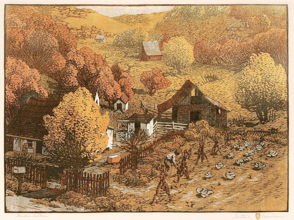 “Harden Hollow” was among the large-scale prints Baumann created in 1912-13, advertising them as suitable for classrooms. The format was not commercially successful for the artist, though it was certainly a feat in woodblock technique as they were some of the largest multiblock prints created in America to that point. “Harden Hollow,” 19- 5⁄8 by 26- 3⁄8 inches, sold for $28,800.