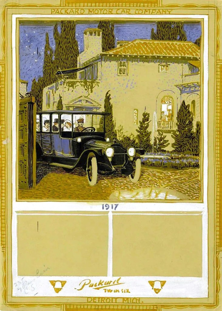 Five original tempera and ink on paper works came from Baumann’s days as a commercial artist. In 1916, the Packard Motor Car Company commissioned him to create a calendar, which they produced to show off the Twin-Six. The originals sold from $9,000 at the bottom to $16,800 for this night scene.