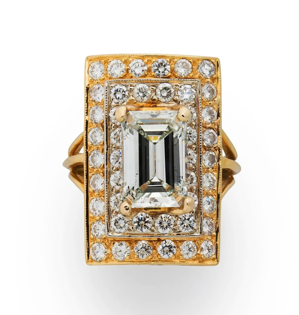 A 3.38-carat emerald-cut diamond in I color and VS1 clarity centered this 14K gold ring, which sold above estimate for $34,375.