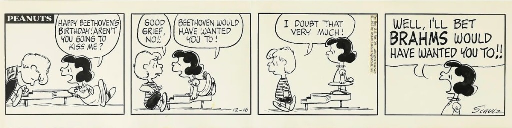 The top lot of the three days was Charles Schulz’s original ink on paper illustration for a December 1972 strip of “Peanuts.” The strip, titled “Happy Beethoven’s Birthday,” sold for $43,750.