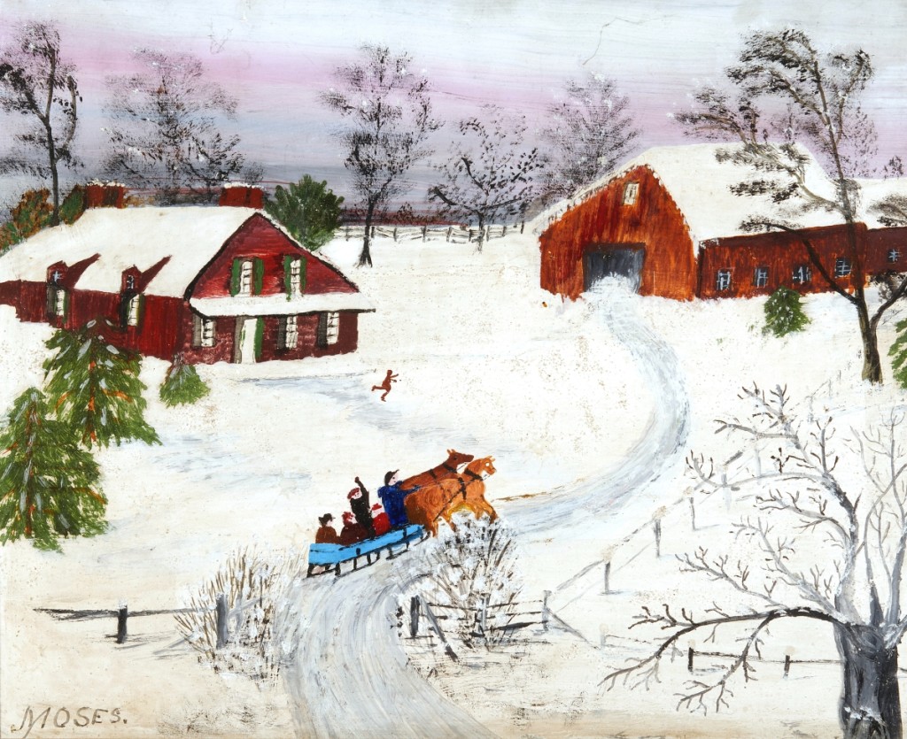 Anna Mary Robertson “Grandma” Moses, (American, 1860-1961), “Almost Home,” 1945, oil and glitter on Masonite, 9-  by 12 inches, fetched $22,500.