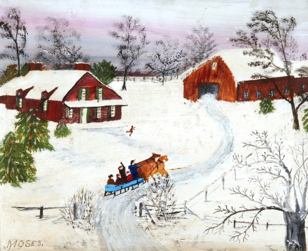 Anna Mary Robertson “Grandma” Moses, (American, 1860-1961), “Almost Home,” 1945, oil and glitter on Masonite, 9- by 12 inches, fetched $22,500.