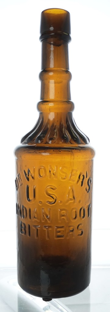Dr Wonser’s USA Indian Root Bitters in amber or aqua is without a doubt one of the most sought-after and coveted western bitters out there. “We’ve probably sold a dozen or so in the more than 25 years of auctioning bottles, and every time they bring out a lot of bidding despite the price,” said Wichmann. This one, a medium amber with an applied top, sold for $17,550.