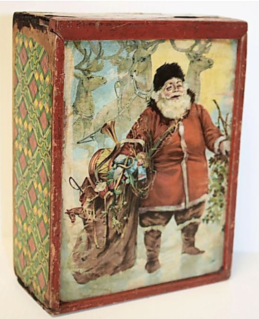 A Victorian German puzzle box illustrated with a great Santa, reindeer and toys graphic was empty, but brought a reasonable $469.