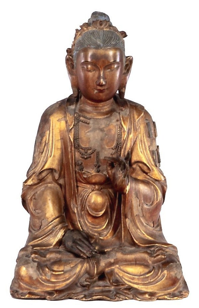 Chinese Ming dynasty parcel gilt carved wood bodhisattva sold for $7,500.