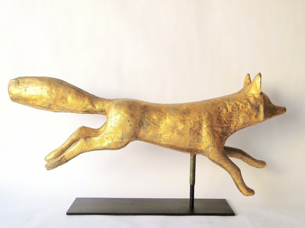 This likely Twentieth Century running fox weathervane, full bodied and of molded copper with worn gilt surfaces, went out at $2,000.