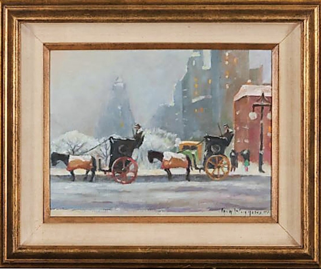 Cataloged as “after Wiggins,” this American oil scene of New York’s Central Park in the winter set an appropriate mood for the holiday sale, selling for $530. It bore a signature lower right, was inscribed on reverse and measured 12 by 16 inches minus the frame.