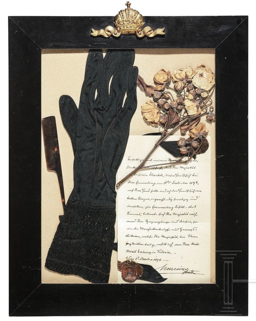 Empress Elisabeth of Austria was wearing this right-hand black silk glove when she was assassinated on September 10, 1898. It was framed with a comb, a dried posy of flowers she had been holding and a letter written by her chamberlain, Count von Berzeviczy, authenticating the items. It brought $92,400.
