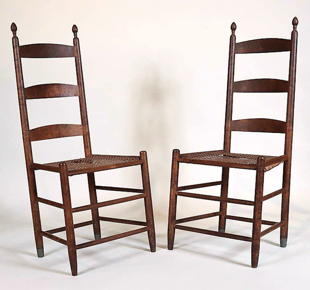 “Those were one of the sleepers of the sale,” John Nye said of this pair of figured maple Shaker tilter side chairs probably from New Lebanon, N.Y. He discovered them while on a house call in Greenwich, Conn., and hung them from the wall during the auction preview. A private collector beat out all comers for $24,600 ($600/900).