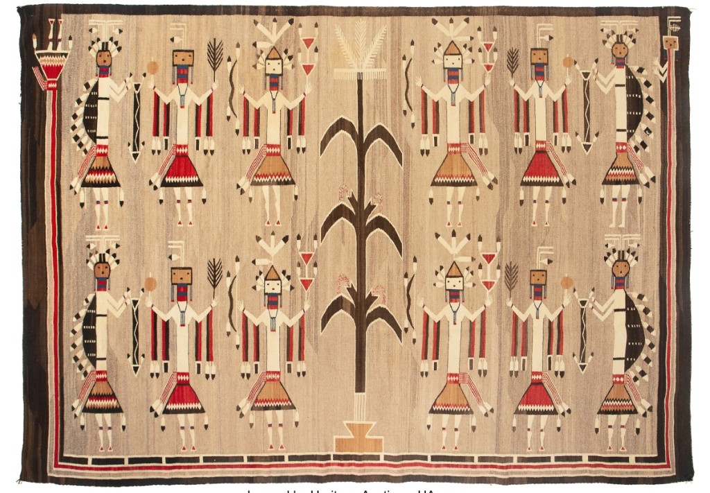 Measuring 111 by 80 inches and made around 1925 from native handspun wool with aniline dyes, this Navajo sandpainting rug finished at $21,250.