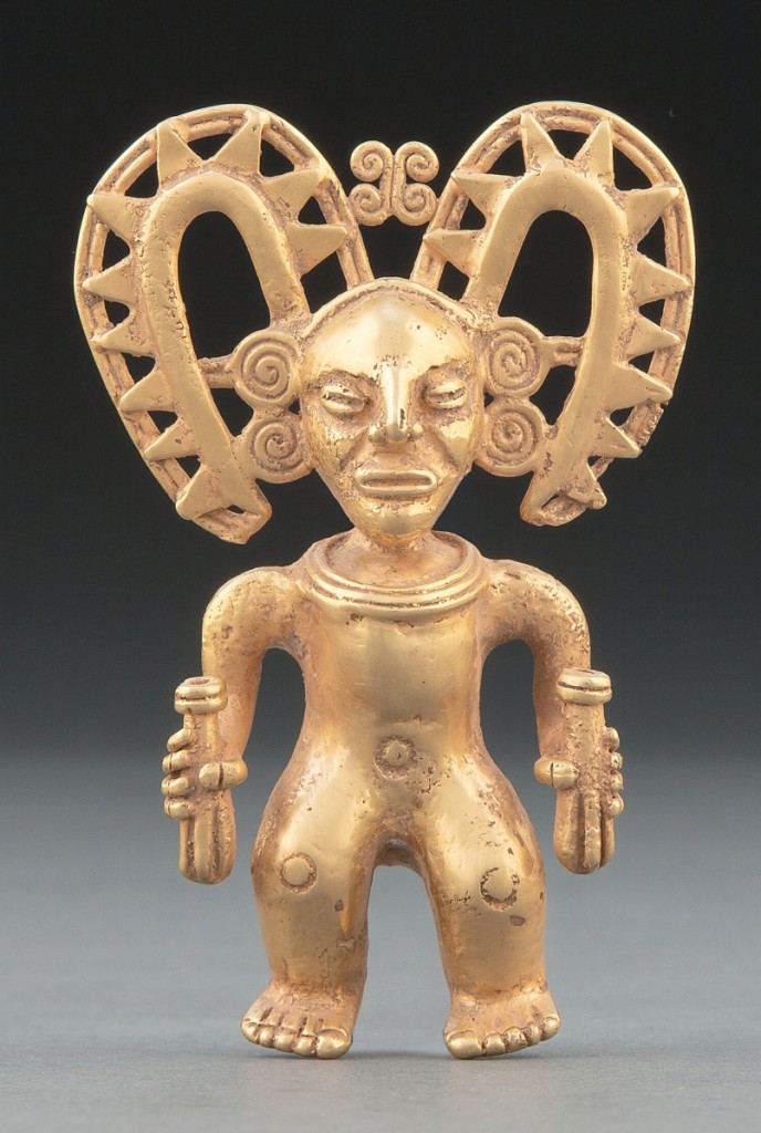 Small number, big price.  Measuring 3¼ inches tall and weighing 108 grams (about a quarter pound), this Diquis gold figural pendant from Costa Rica, circa 700-1400 CE, fetched $25,000 from a private American collector.