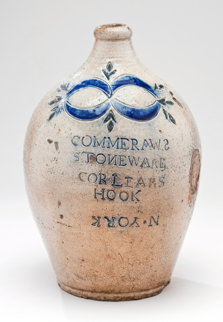 Thomas Commeraw, Jug, 1797-1819, New York City. Stoneware, cobalt oxide. Impressed on front: “Commeraw’s/Stoneware/ Corlears/Hook/N. York.” New-York Historical Society, purchased from Elie Nadelman, 1937.820.