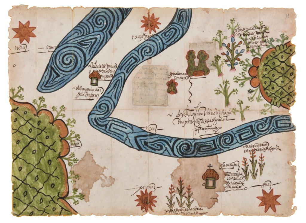 Facsimile of “Map of Zolipa Misantla, Veracruz, 1573” originally by Corregidor Pedro Pérez de Zamora. Facsimile of the original in the collection of the Archivo General de la Nación by Tlaoli Ramírez Téllez, 2021. Mixed medium, acrylic, ink and watercolor on paper. Courtesy of the artist, commissioned by the Los Angeles County Museum of Art. ©Tlaoli Ramírez Téllez.