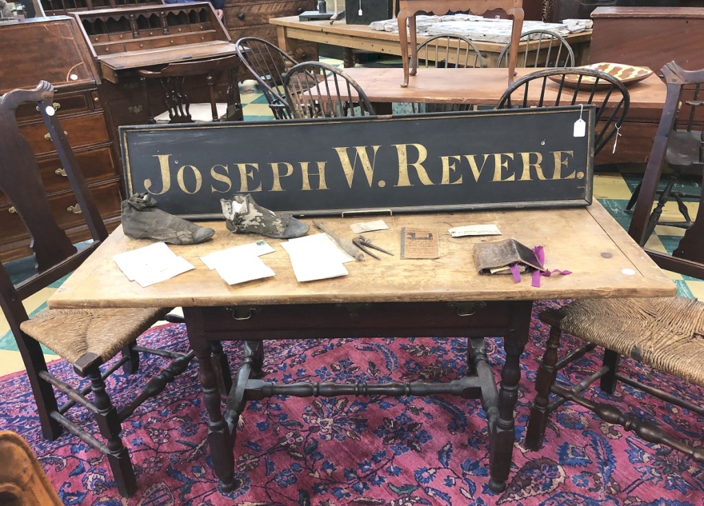 From the wall of a Canton, Mass., home came a gold lettered black sign of substantial historical interest. Joseph W. Revere was the third of eight children born to Paul Revere’s second wife. Although founded by his father, Joseph developed the Revere Copper Company, serving as its president. The lot included other objects found in the wall with the sign and sold for $24,400.