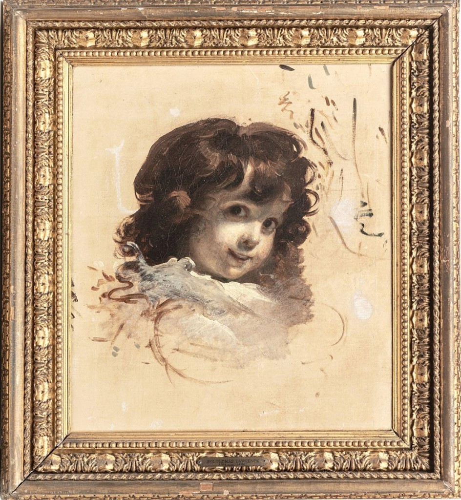 A buyer in the United States paid $43,400 for Sir Thomas Lawrence’s “Head of a Child,” done in oil on canvas. It had provenance to a London gallery, and collections in both Akron, Ohio, and Washington, DC. It was the highest selling work in the sale ($2/3,000).