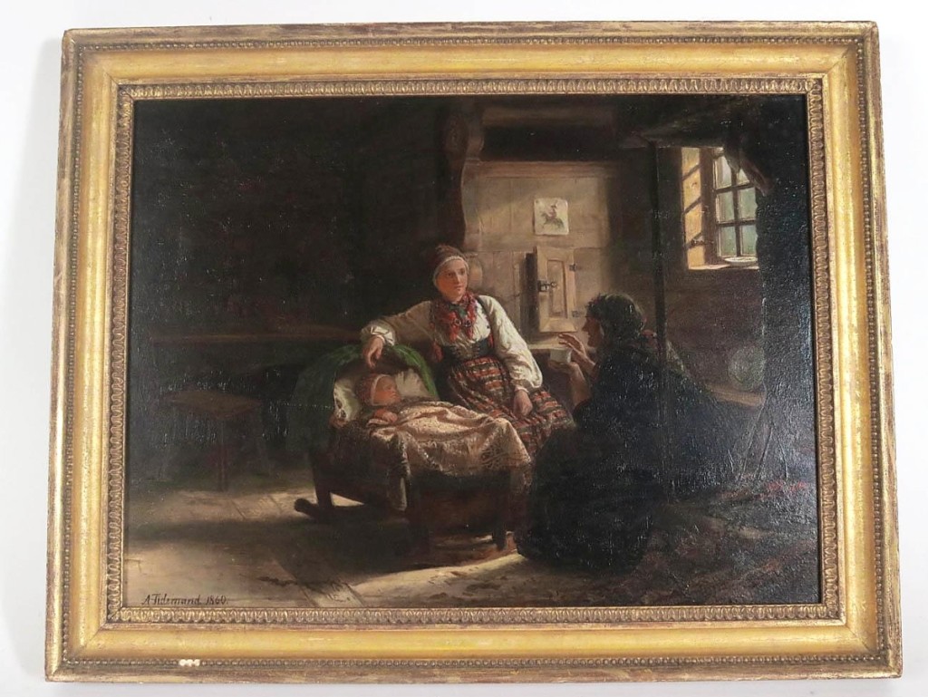 Sharing top lot honors at $27,675 was “The Fortuneteller” by Adolph Tidemond, painted in 1860 and measured 13½ by 17 inches. Found in a New Jersey estate, it will be going back to Norway, to a buyer who John Nye said, “knew everything about it” ($10/20,000).