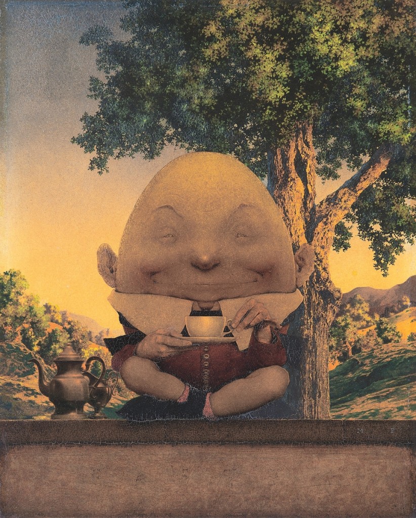 “Humpty Dumpty” by Maxfield Parrish (1870-1966), 1921, oil on board, 15-  by 12 inches, sold for $740,000 in Phillips’ July 2, 2020, Twentieth Century & Contemporary Art Evening Sale (estimate $400/600,000). Image courtesy of Phillips.