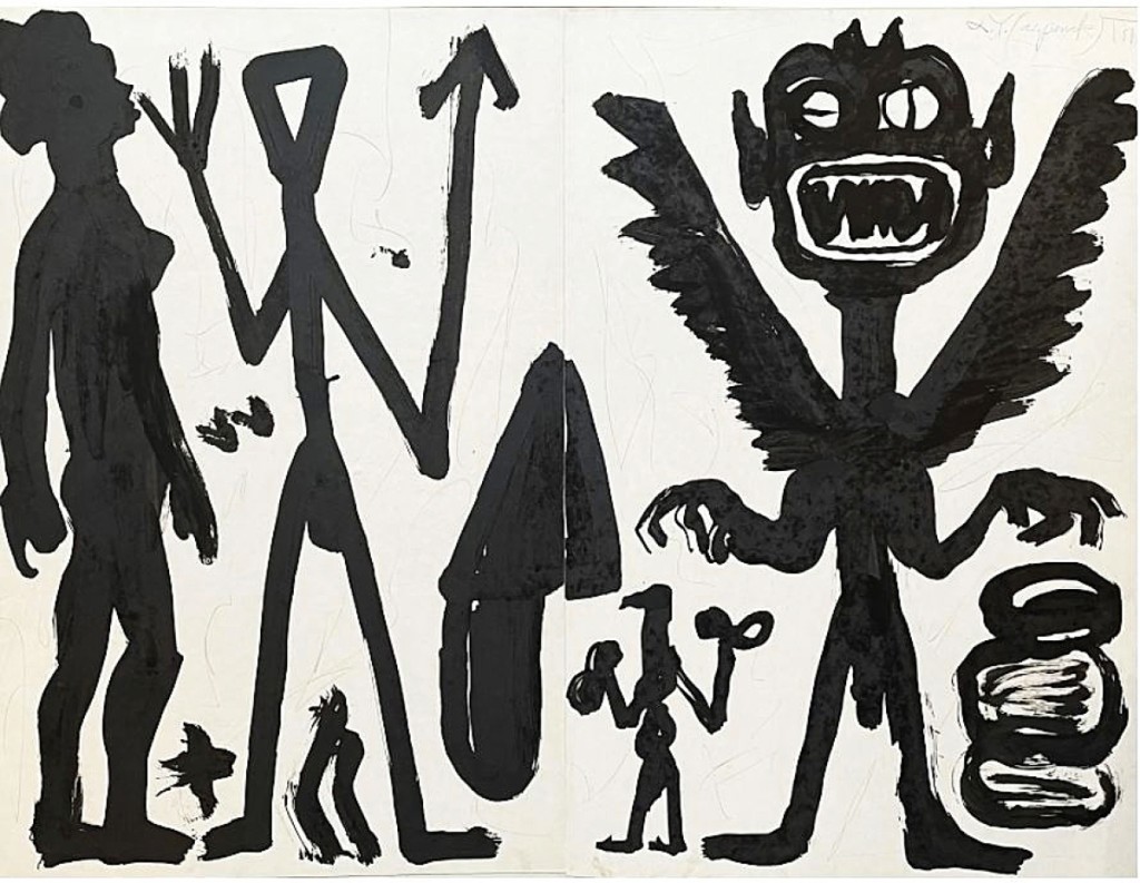 A.R. Penck’s (1939-2017) untitled, 1981, India ink on paper of totemic figures, $22,800, is heading to Geneva, Switzerland.
