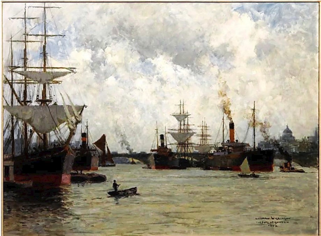 Ships in harbor at the Pool of London drew bidders. The oil on canvas by Norman Wilkinson (British, 1878-1971) doubled its high estimate to sell for $10,000.
