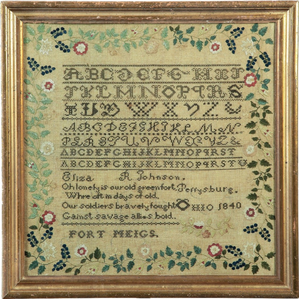 This sampler, worked in silk on linen by Eliza R. Johnson of Perrysburg, Ohio, in 1840, references the local Fort Meigs in its verses: 