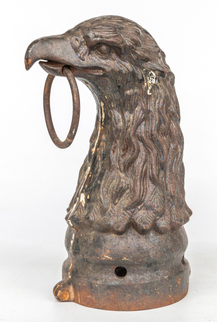 “I liked that about as much as anything,” Frank Forsythe said of this cast iron hitching post head in the form of an eagle holding a ring in its beak. Traces of old black paint were an appealing trait of the 11½-inch head. It flew to $3,186, the second highest result in the sale ($600-$1,200).