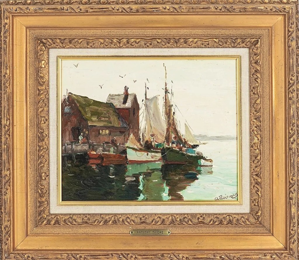 Anthony Thieme’s (1888-1954) oil painting of a Rockport harbor scene took $5,700. It measured 10 by 12 inches.