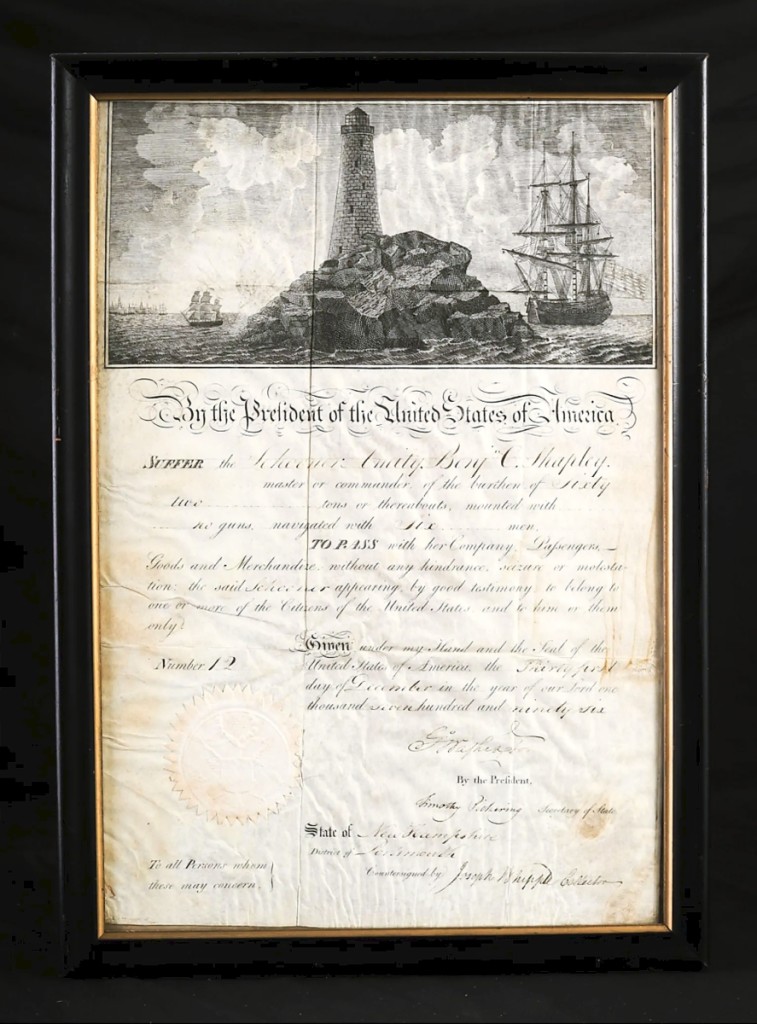 The sale’s top lot at $31,000 was a 1796 ship’s passport signed by George Washington and Timonthy Pickering. The document gave safe passage to the schooner Amity, whose master was Benjamin C. Shapley. McInnis said the passport was special for the engraving that appeared at the top in the presentation frame.