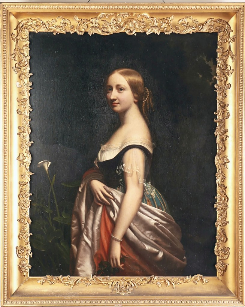 A portrait by Spiridione Gambardella would bring $8,330. The painting was completed in 1838 when the artist was active in New York City and exhibiting at the National Academy of Design. Oil on canvas, 47 by 37½ inches.