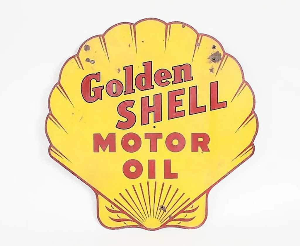 This Golden Shell sign, 35 inches high, came from the collection of Kentucky photographer Shelby Lee Adams, who found it in an abandoned gas station in the backroads of Kentucky in the 1980s. Adams is widely known for his striking portraits of Appalachian life. The sign sold for $2,280.