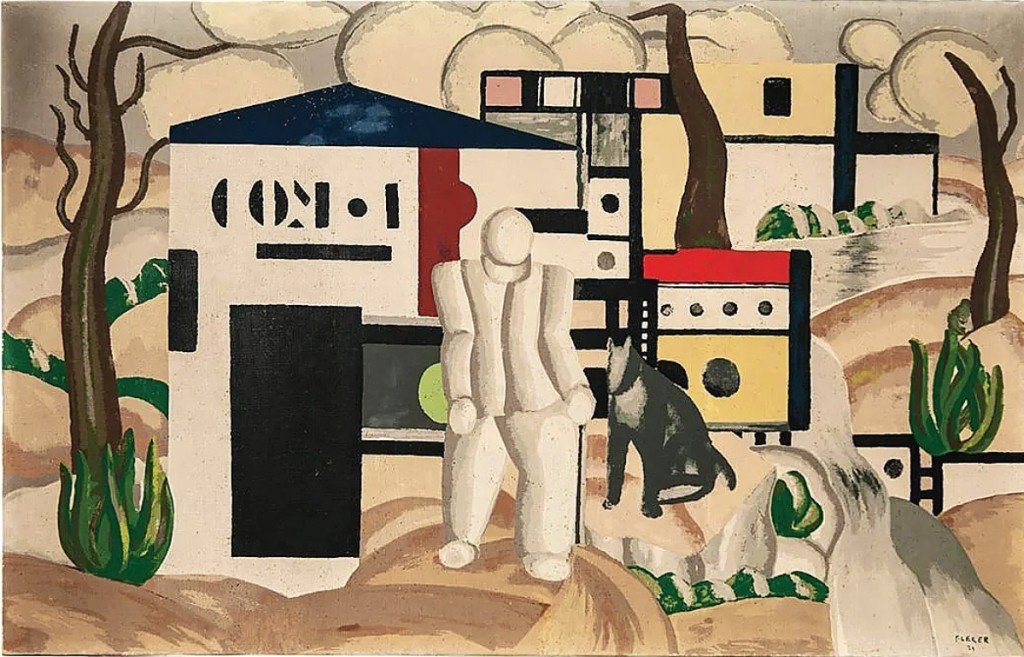 A painting attributed to Fernand Léger from his “Paysage Anime” series sold for $8,125. A similar painting with the National Gallery of Art notes the artist’s treatment for the figure in his own words: “the shiny tubular limbs derived, he said, from ‘the barrel of my gun.’”