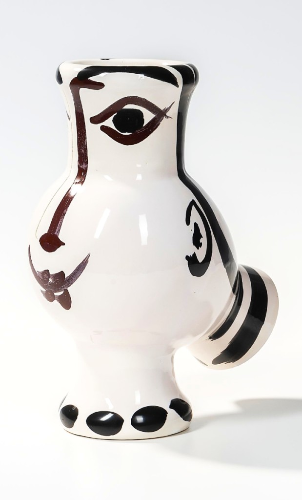 This Pablo Picasso “Woman Faced Wood Owl” vase was the highest priced piece of pottery in the sale, finishing at $13,750. It was numbered 255/300, with a painted mark “Edition Picasso Madoura.”