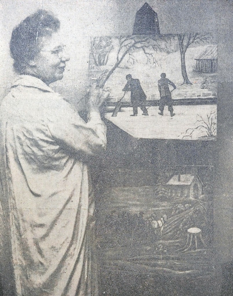 Photograph of Manahan at work painting “Cutting Ice,” which was published in the Columbus Dispatch on June 20, 1955, in an article about an exhibition she had in New York City. She has yet to add the small child, dog or figure throwing the snowball.