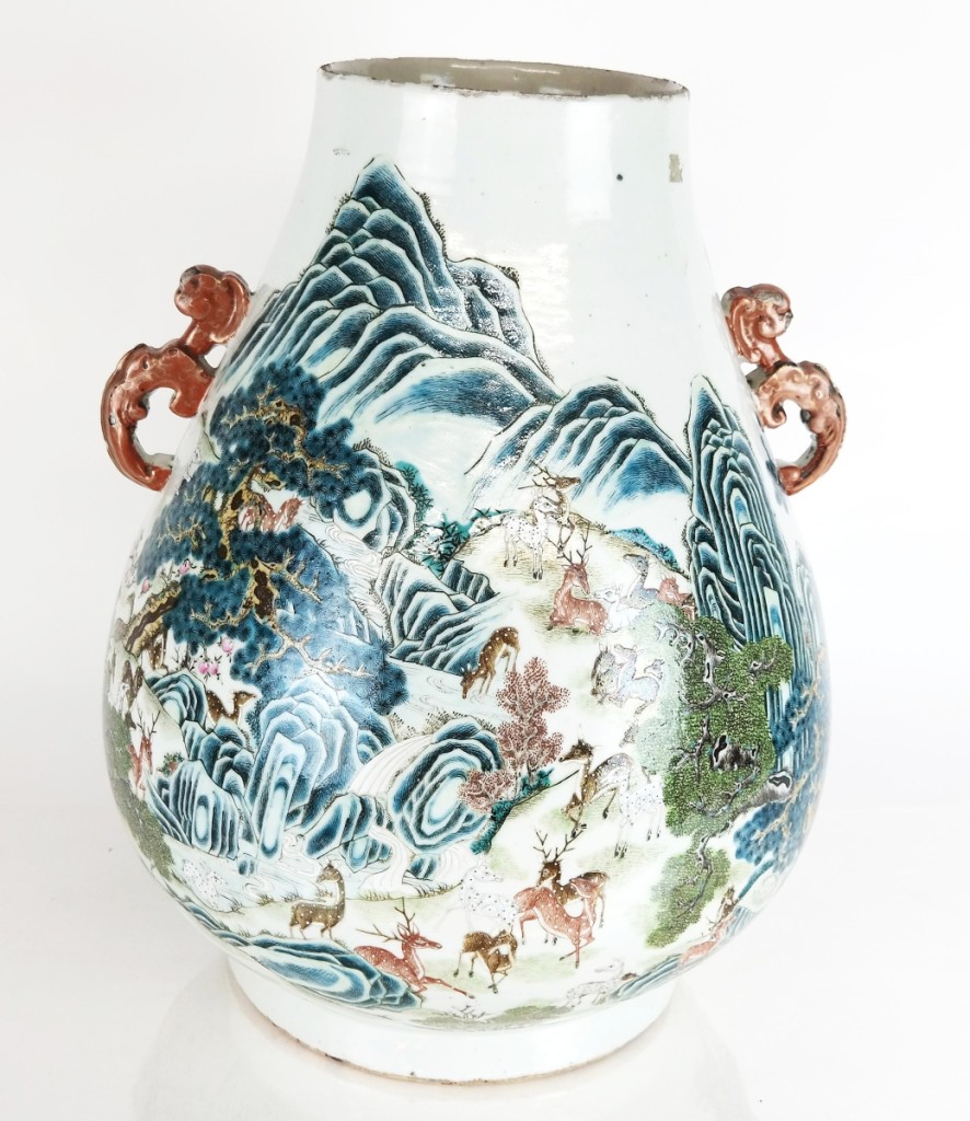 Top lot in the sale was a Nineteenth Century Chinese “Hundred Deer” hu-form vase, which leapt above its $3/4,000 estimate to land at $54,400. The 18-inch-high vase was decorated in enamels with the “hundred deer” motif, depicting a continuous scene of deer frolicking in grassy meadows beside a river, all within a rocky, mountainous landscape with pine trees.