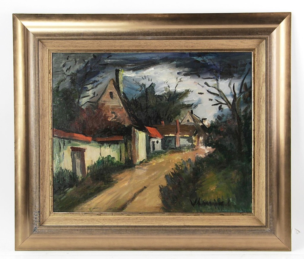 A dramatic oil on canvas painting by Maurice de Vlaminck (1876-1958) depicting a countryside scene before a storm led the two-day sale, besting its $18,000 high estimate to sell for $25,000 to a bidder on LiveAuctioneers. Signed Vlaminck, the recent discovery had been executed circa 1925 and measured 17¼ by 21 inches. It came from a Los Angeles estate.