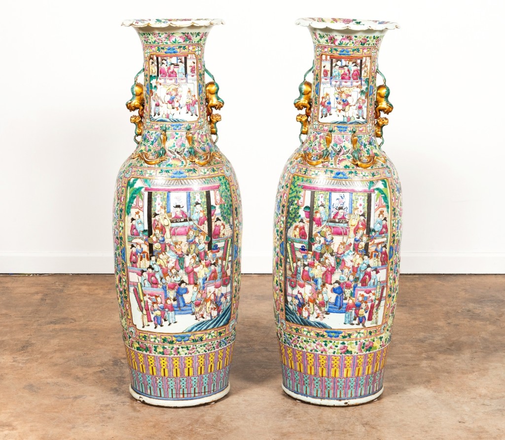 A pair of large Chinese Rose Medallion floor vases soared from their $6/8,000 estimate to finish at $30,250. Late Nineteenth/early Twentieth Century, they featured a flared neck, dragon handles and panels depicting floral and court scenes with gilded accents. From the same seller will come a collection of Chinese export in Ahlers & Ogletree’s March auction.