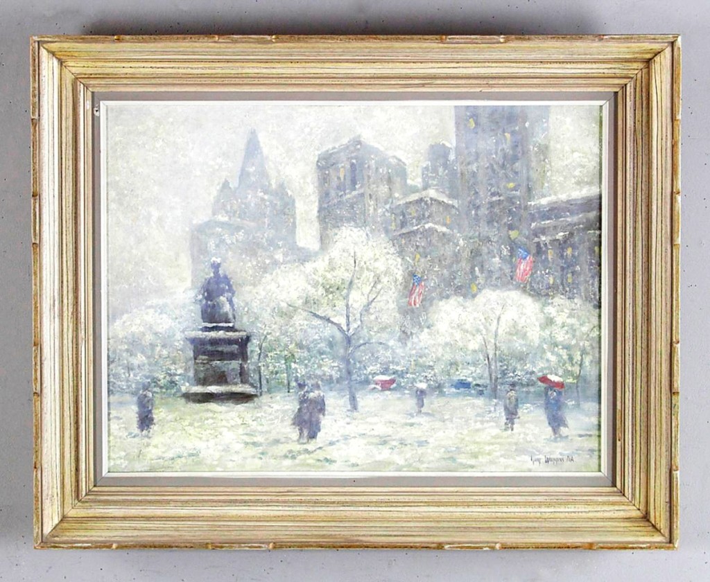 A Guy Carleton Wiggins (1883-1962) snowy cityscape, “Madison Sq. Winter,” an oil on canvas, signed lower right as well as signed and dated verso, 24 by 30 inches, came from a Palm Beach, Fla., collection. It sold to a floor bidder for $9,300.