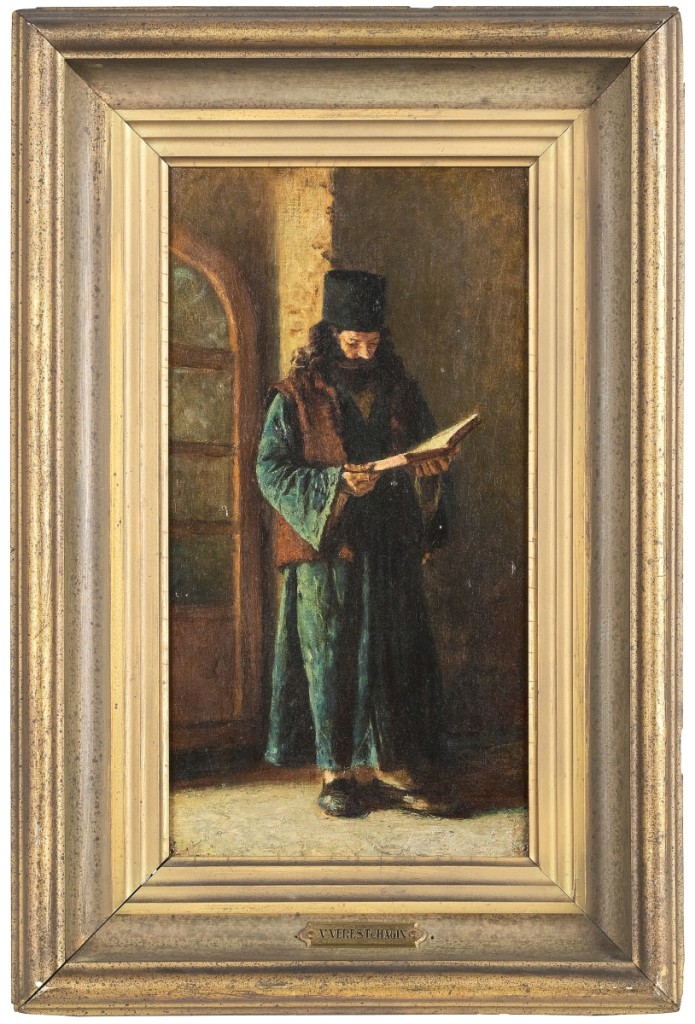 The top lot of the sale was Vasily Petrovic Verestchagin’s (Russian, 1835-1904) oil on canvas painting of a Russian priest, which bidders in both the United States and Russia competed for. In the end, an American trade buyer paid $79,950 for the contemplative scene, which had previously been in the collection of the Reading Public Museum ($5/8,000).