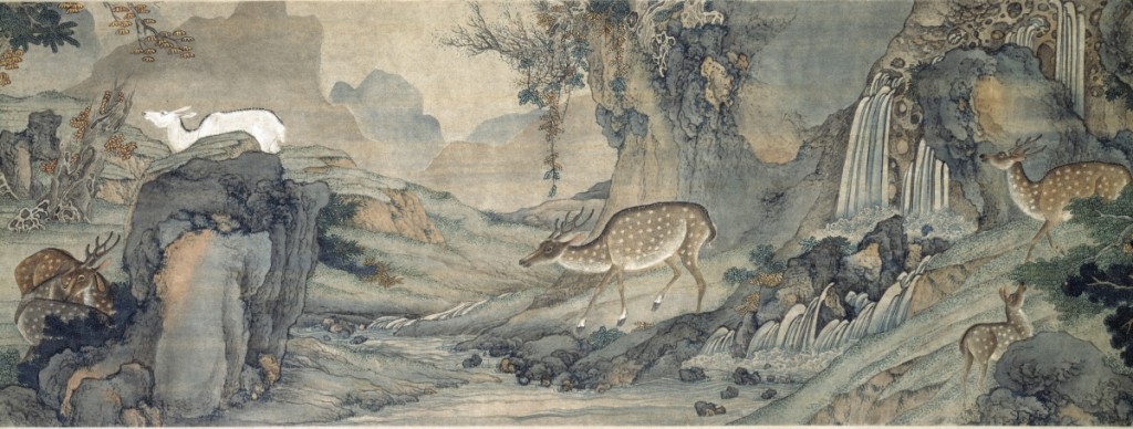 A herd of spotted deer, animals common in Chinese art and literature, roam this verdant landscape. In Chinese, “deer” sounds like the word for official rank and salary, so the phrase “many deer” conveys a wish for prosperity. Deer also symbolize longevity, as they often accompany Daoist deities or immortals in art. “Many Deer,” China, Ming–Qing dynasties (1368-1911). Handscroll, ink and color on paper. Purchase: William Rockhill Nelson Trust, 33-649. Courtesy The Nelson-Atkins Museum of Art.