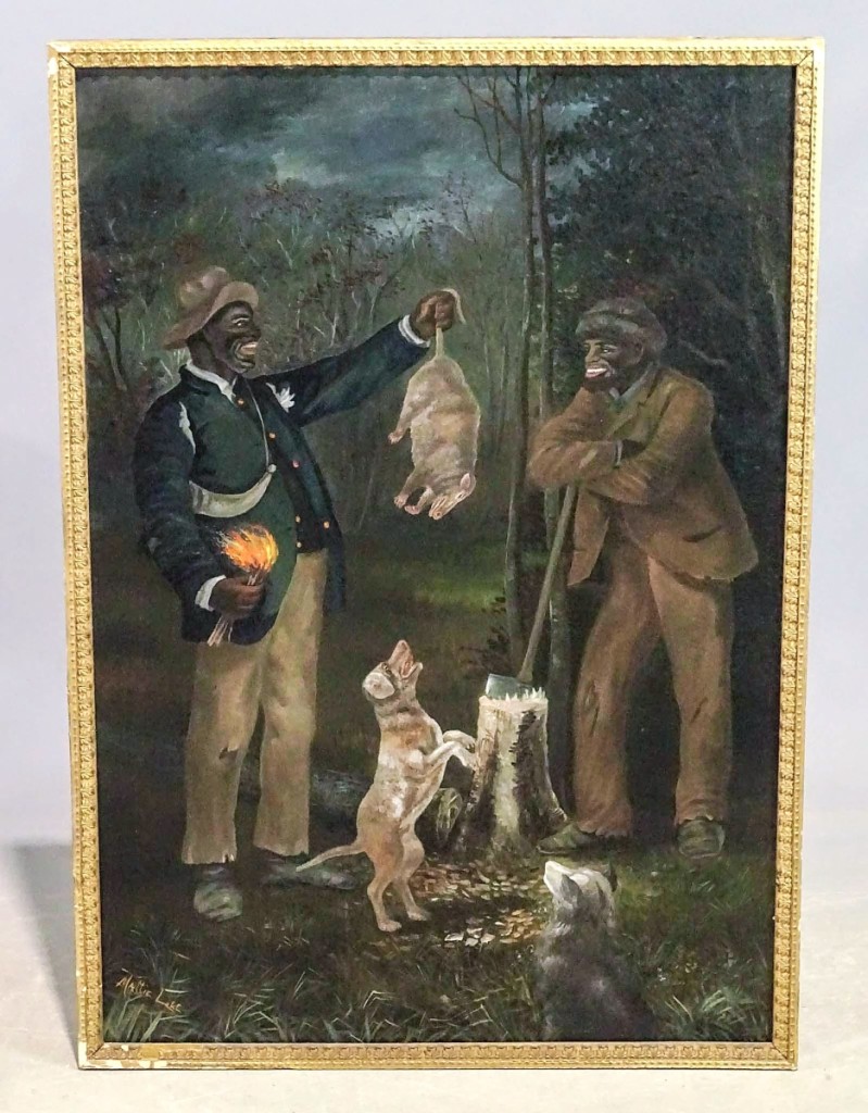 “It was a really good folk subject,” observed Seth Fallon about Mattie Crawley Lee’s “Possum Hunt,” which sold for $13,530 to the buyer of the Nemethy attributed landscape ($300/400).