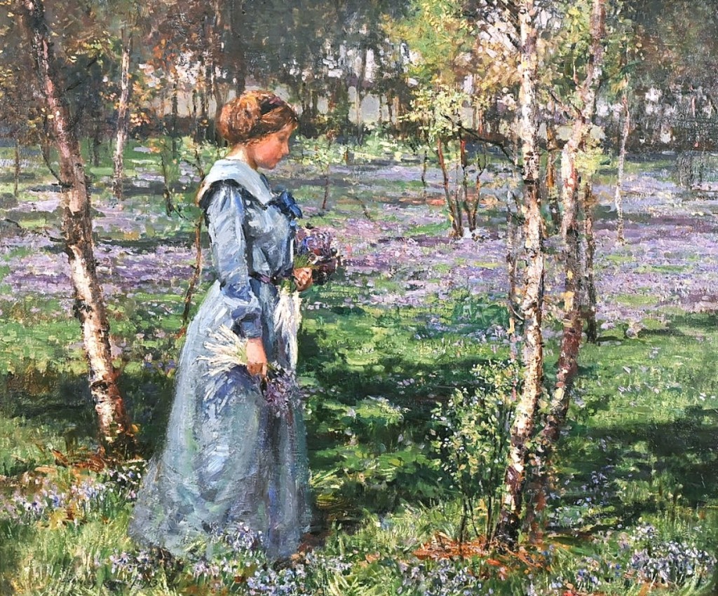 Stanley Royle (Canadian, 1888-1961) painted a picture of his wife in “Spring Morning Among Bluebells,” 1913. The 25-by-30-inch oil on canvas doubled its high estimate to earn $30,720.