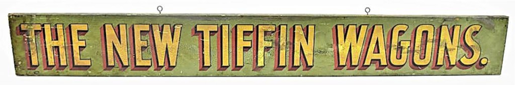 The original condition and old paint drove the result on this late Nineteenth Century polychrome painted wood trade sign for New Tiffin Wagons, which bidders rode to $2,950. Frank Forsythe said it came from a Brown County, Ohio, estate and was “very unusual” ($800-$1,500).
