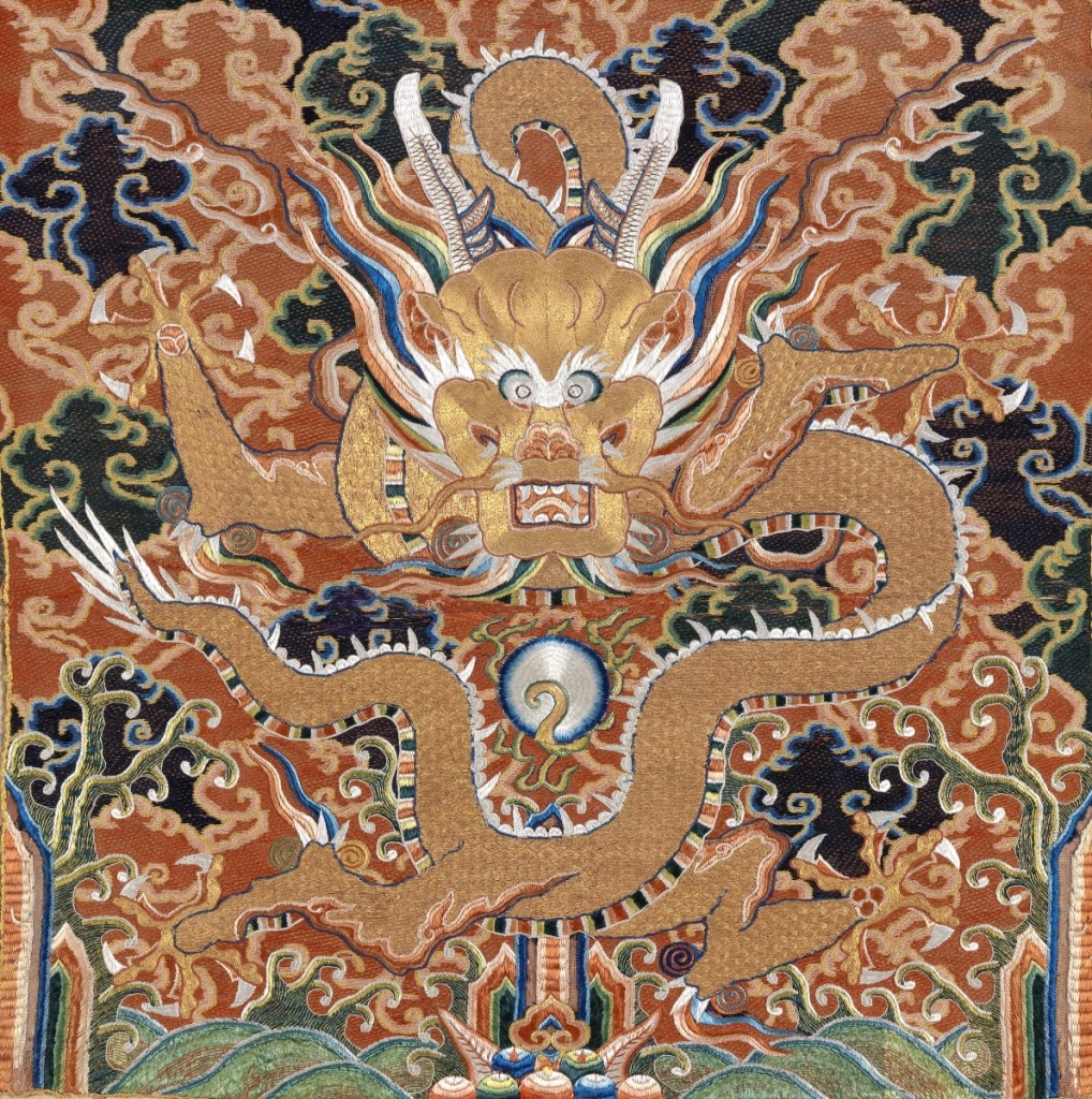 This badge depicts a Chinese dragon, a mythical creature that changed over centuries and came to symbolize imperial power. Here, it has a horned head, sharp fangs, five claws and an agile serpentine body. The dragon’s magical powers allow it to fly and dive deep in water. The badge, finely embroidered with luxurious silk and gold foiled threads, could only be fit for an emperor or heir apparent. Dragon Badge, China, late Ming dynasty (1552-1644). Silk and metallic thread embroidery. Purchase: William Rockhill Nelson Trust, 41-15/19. Courtesy The Nelson-Atkins Museum of Art.